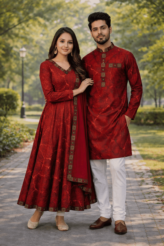 Luxury Matching Couple Dress Set – Deep Red Punjabi & Elegant Gown (Code: 101)
