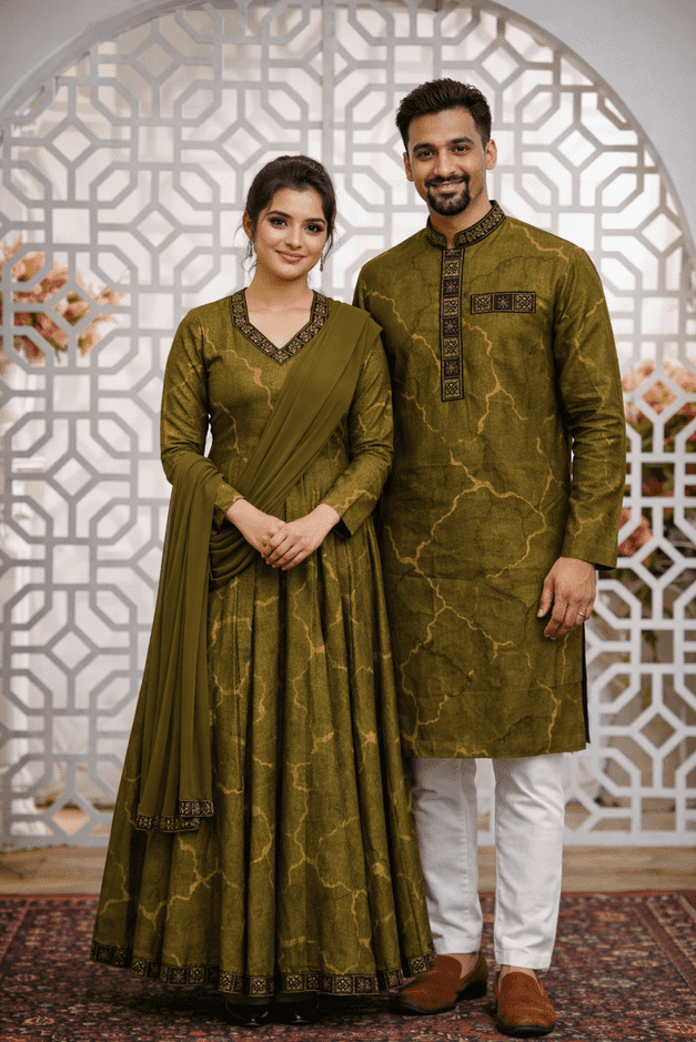 Elegant Olive Green Matching Couple Dress Set – Punjabi & Gown (Code: 102)
