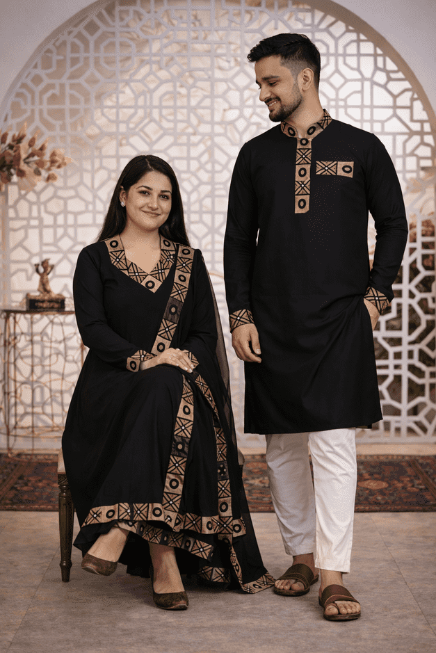 Elegant Black Matching Couple Dress Set – Punjabi & Gown (Code: 106)