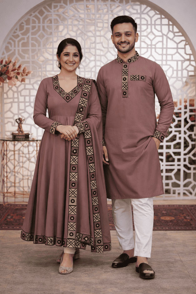 Stylish Coffee Brown Matching Couple Dress Set – Punjabi & Gown (Code: 107)