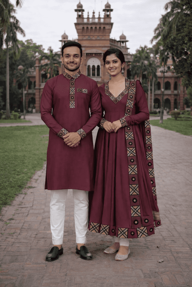 Premium Maroon Matching Couple Dress Set – Punjabi & Gown (Code: 108)