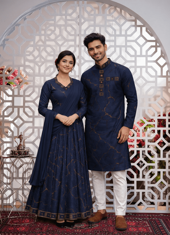 Premium Navy Blue Matching Couple Dress Set – Punjabi & Gown code :- 111