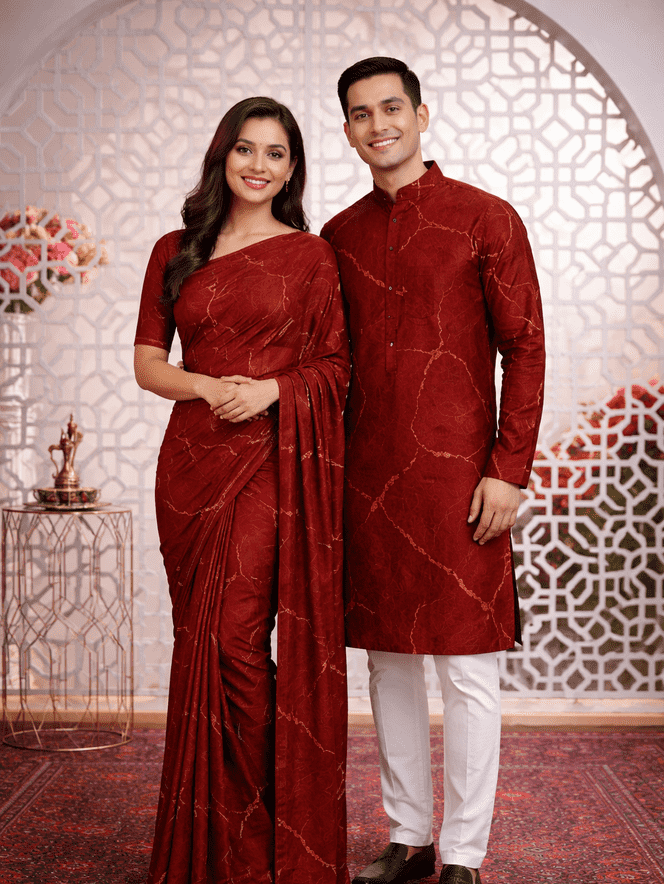 Elegant Deep Red Matching Saree & Panjabi Set (Code: 1006)