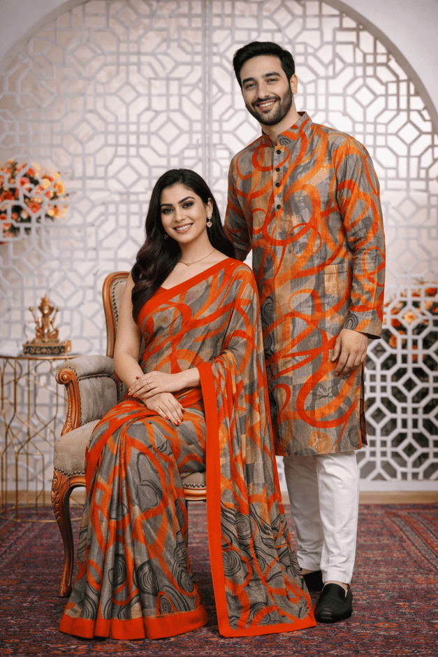 Elegant Orange Grey Matching Saree & Panjabi Set (Code: 1007)