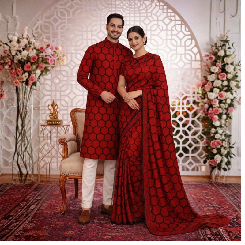 Elegant Dusty Pink Matching Saree & Panjabi Set (Code: 1011)